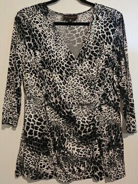 Dana Buchman Women’s XL Faux Wrap Top Leopard Print Black White 3/4 Sleeve